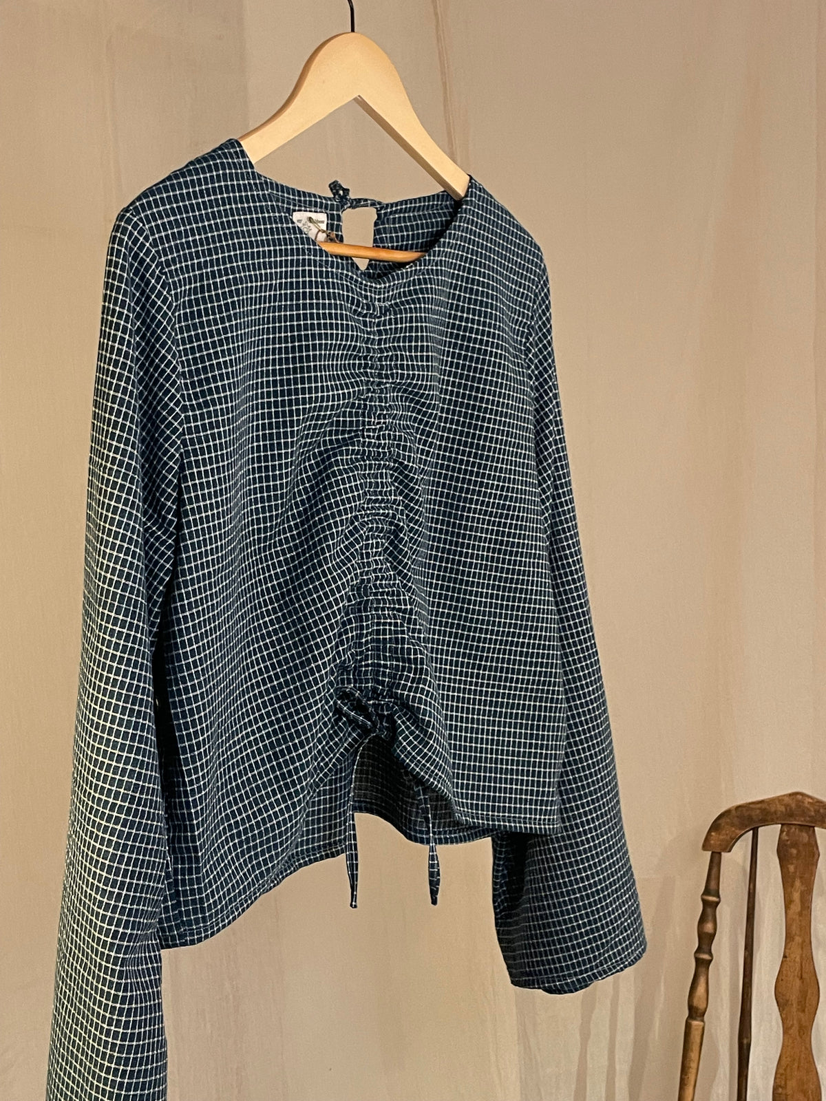 blue mini check long sleeve scrunch blouse