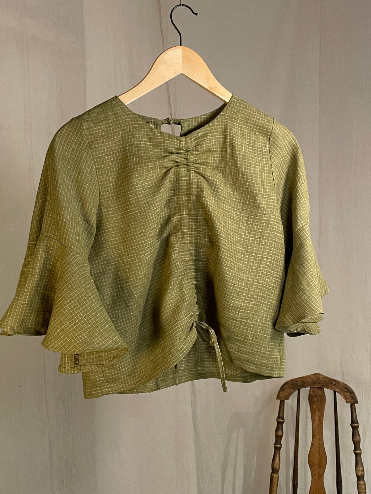 pesto mini check long sleeve scrunch blouse