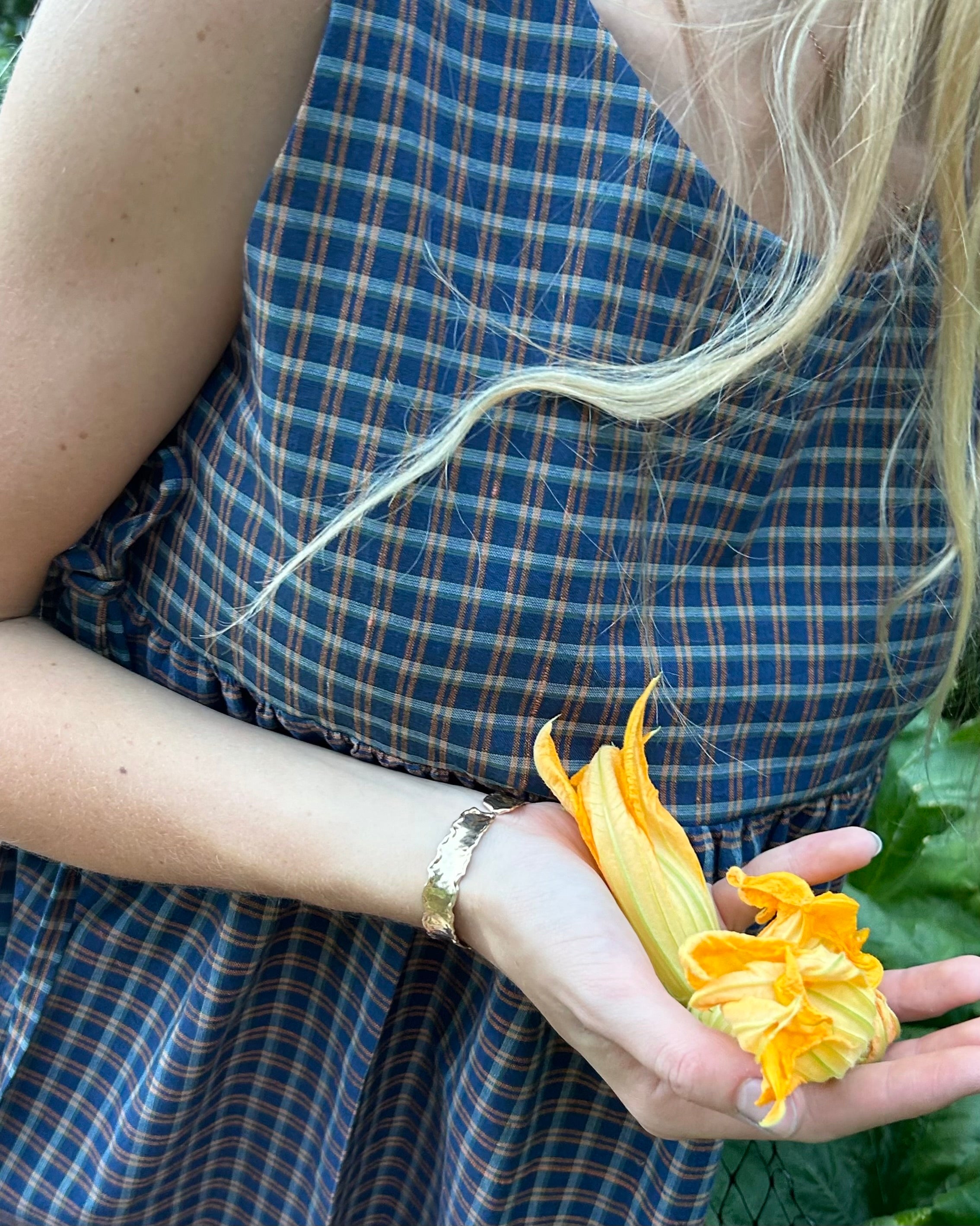blue + orange plaid pinafore dress