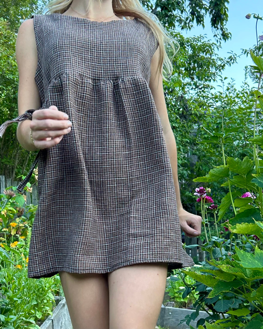 brown gingham seersucker pinafore dress