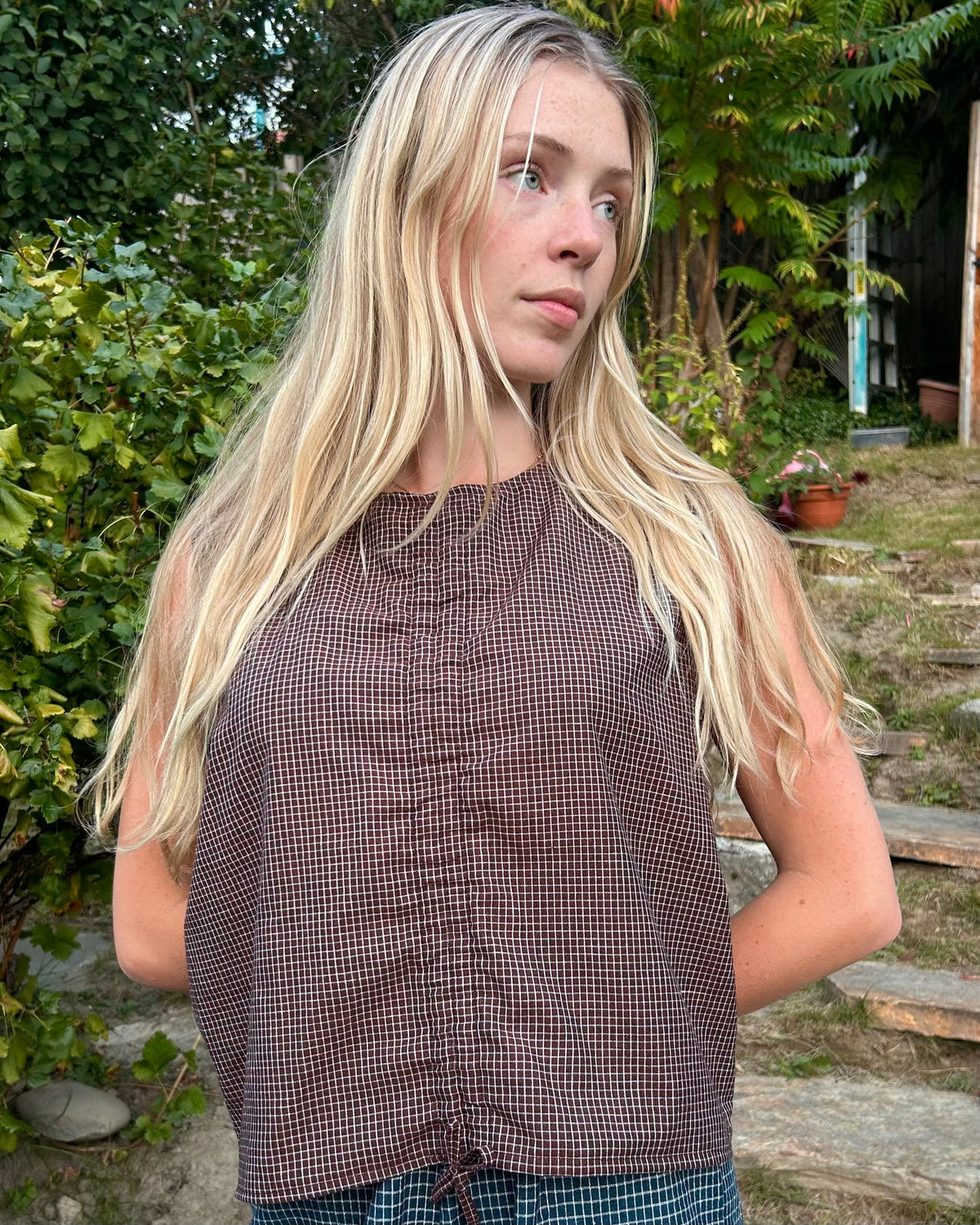 mini brown check scrunch blouse