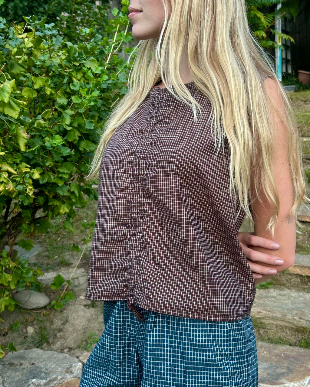 mini brown check scrunch blouse