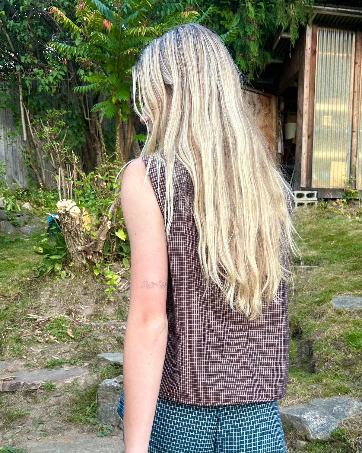 mini brown check scrunch blouse