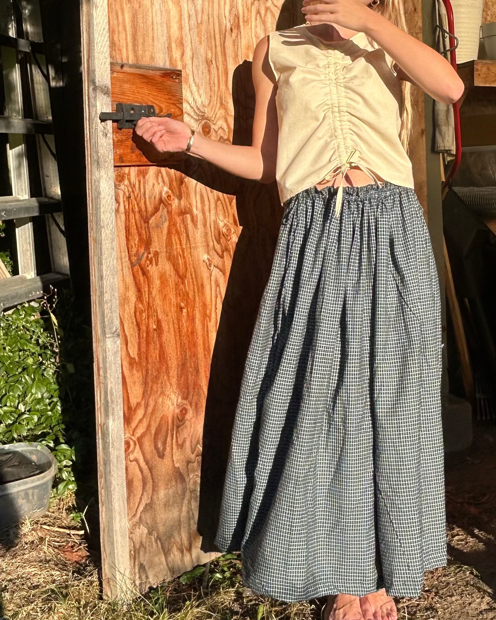 blue mini check drawstring skirt