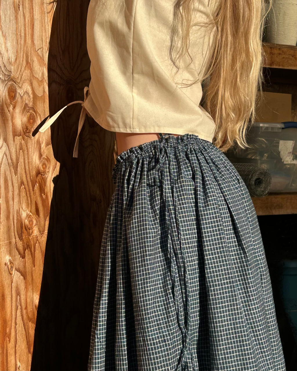blue mini check drawstring skirt