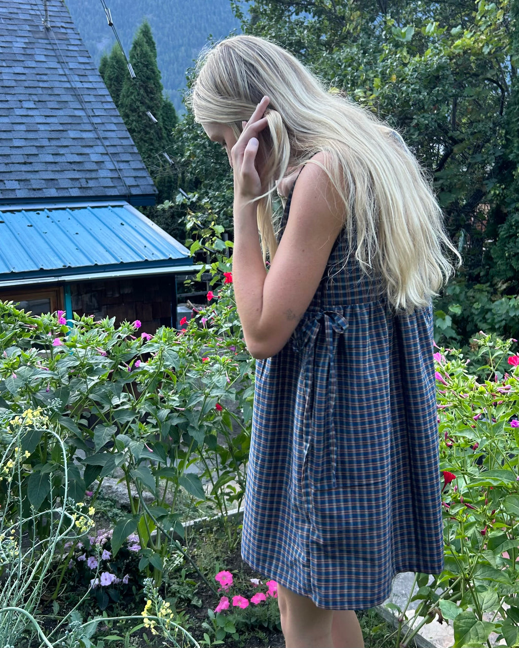 blue + orange plaid pinafore dress