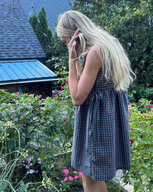 blue + orange plaid pinafore dress