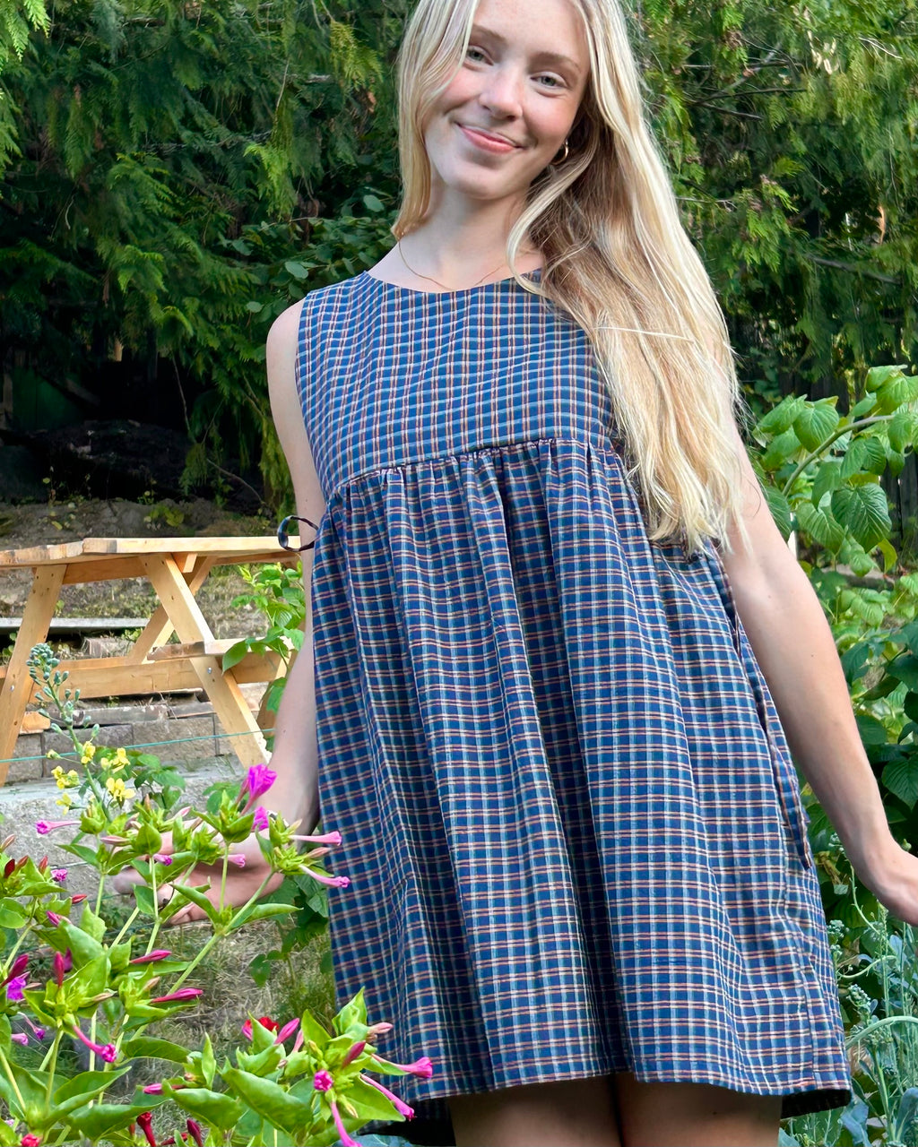 blue + orange plaid pinafore dress