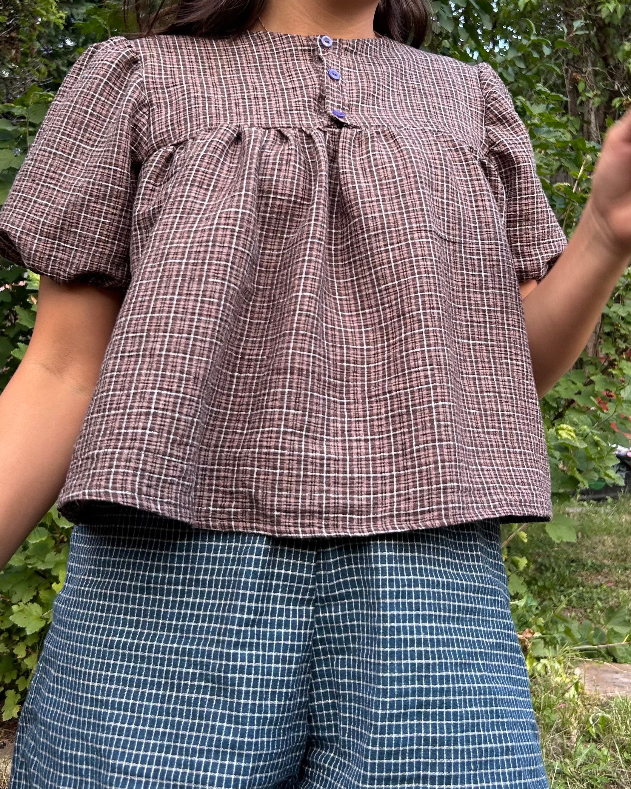 brown gingham seersucker patty pan blouse