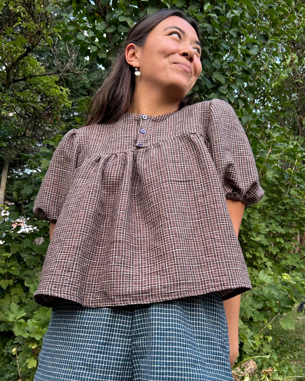 brown gingham seersucker patty pan blouse