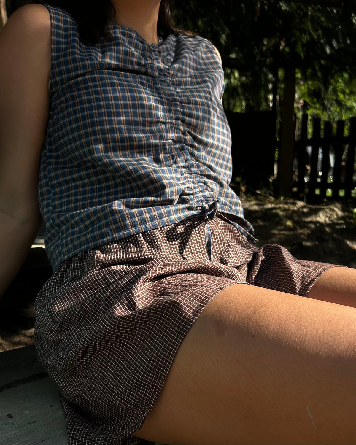blue + orange plaid scrunch blouse