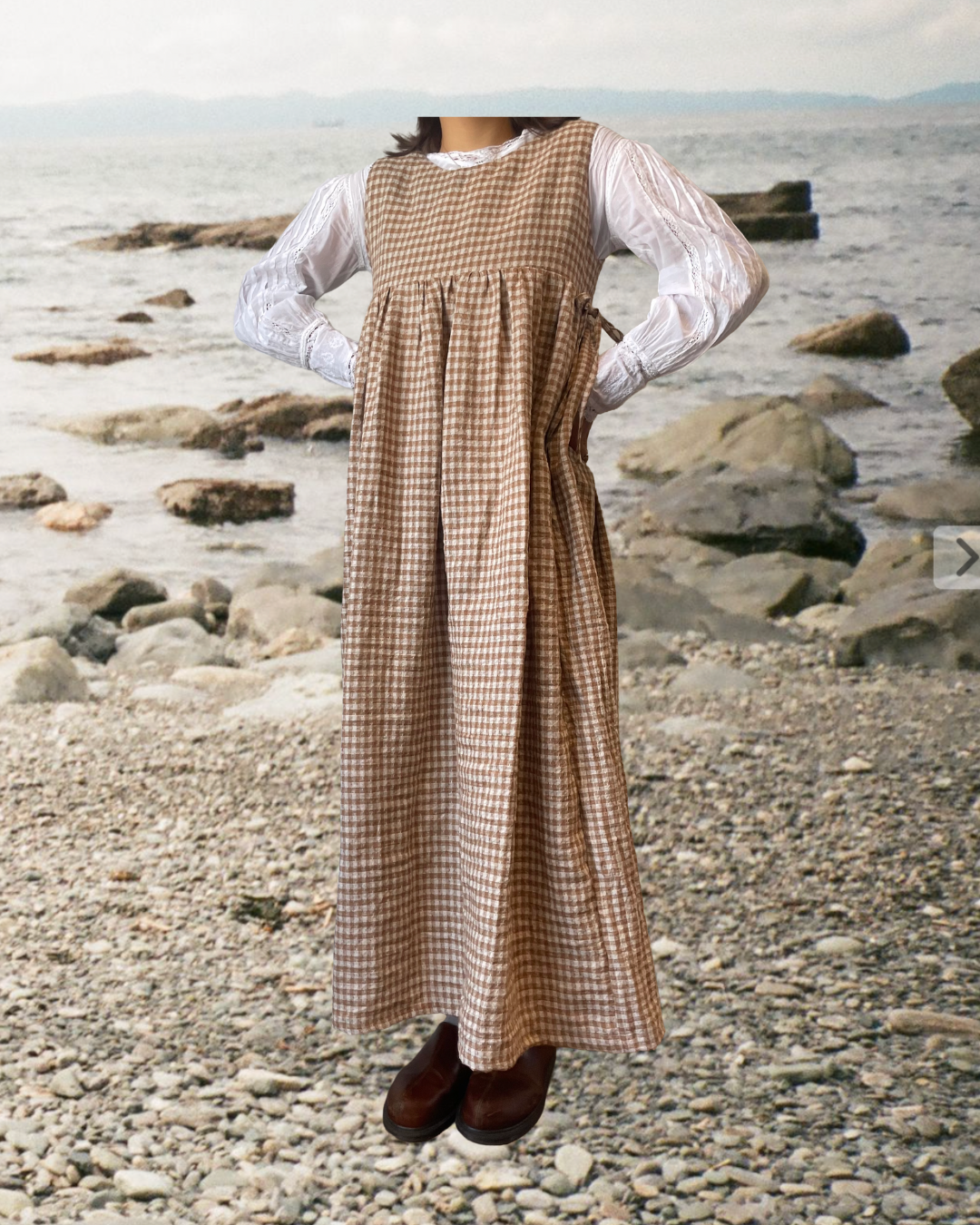 copper gingham linen pinafore dress