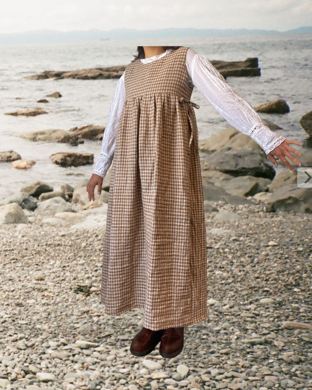 copper gingham linen pinafore dress