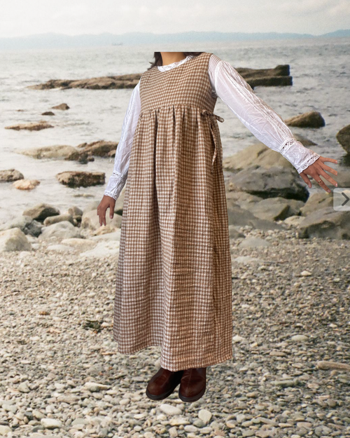 copper gingham linen pinafore dress
